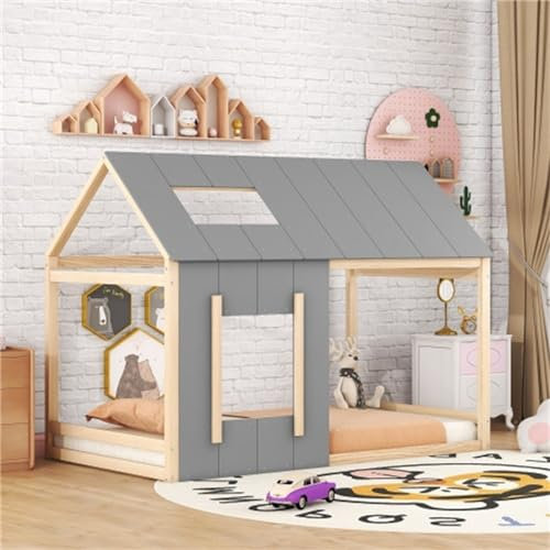 Kinderbett mit Fenster, Haustyp 90 * 200cm für Jungen und Mädchen Juniorbett mit Lattenrost Gästebett Bodenbett (Natur + Grau)