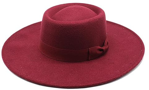 QUUPYSTORE Women Classic Wide Brim Fedora Flat Top Hat Felt Boater Pork Pie Jazz Hat Panama Hat with Bow Belt Wine Red