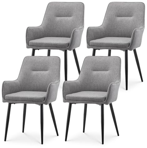 TUKAILAI Esszimmerstühle 4er Set aus Leinen, Armlehnstuhl,Küchenstuhl,Polsterstuhl mit Gepolstertes Sitz,Rückenlehne,Metallbeinen,Moderner Sessel für Wohnzimmer,Schlafzimmer,Grau