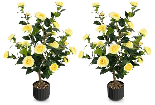 COSTWAY 2er Set Kunstbaum mit Blüten 95cm, Künstlicher Kamelienbaum, Kunstpflanze im Topf, Kamelienpflanze mit 24 Blüten & natürlicher Stamm, Kunstblume Zuhause, Zimmerpflanze Dekopflanze (2, Gelb)