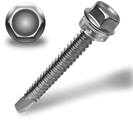 HXJDAM 60 Pcs 410 Acero Inoxidable Tornillos Autotaladrantes Cabeza Hexagonal M5.5x50mm Con Arandela Plástico Tornillos Autoperforantes Hexagonales Autorroscantes para