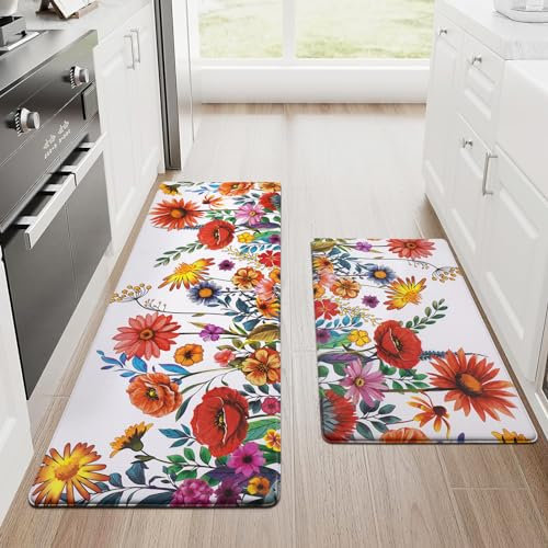Alishomtll PVC Küchenläufer 2 Stück 44x75+44x120cm, rutschfest Wasserdicht Küchenteppich Anti-Müdigkeit, 10mm Gummirücken Küchenmatte Waschbar Pflegeleicht Teppich Läufer für Küche, Blume