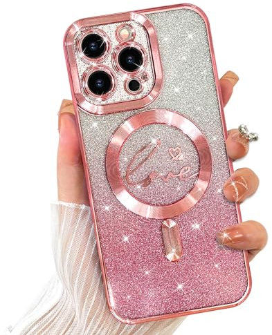 UZEUZA Magnetisch Hülle für iPhone 15 Pro Max 6.7 Zoll Kompatibel mit MagSafe Liebe Herz Überzug Kamera Schutz Klare Telefon Fall, Glitter für Frauen Mädchen Stoßfeste Abdeckung,Rosa