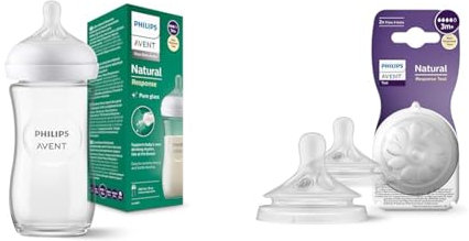 Philips Avent Biberon en verre à Réponse Naturelle – biberon de 240 ml & Avent Lot de 2 tétines pour biberon à Réponse Naturelle 0% BPA, Débit 4 pour Bébé de 3 mois + (modèle SCY964/02)