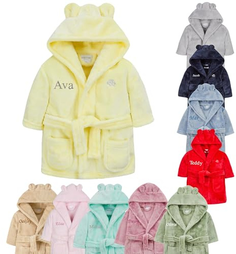 Baby Girl Boy Personalised Dressing Gown Bathrobe Hooded Bear Ear (Lemon Bear Ear, 6-12 Months)