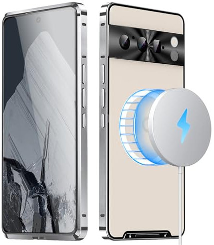qichenlu Stoßfest Metall Bumper Case mit Magnettechnik für Google Pixel 7 Pro,Silber Luftfarht Aluminium Rahmen Halbdurchsichtig Backcover Rückseite Kamera Linsenglas Schutz Magnetische Hülle