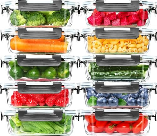 Skroam 10 Pack Glass Meal Prep Containers, Glass Airtight Food Storage Containers with Lids, Pantry Kitchen Storage Containers for Lunch, Food Storage, Meal Prep, Glass Lunch Bento Boxes - 22 OZ