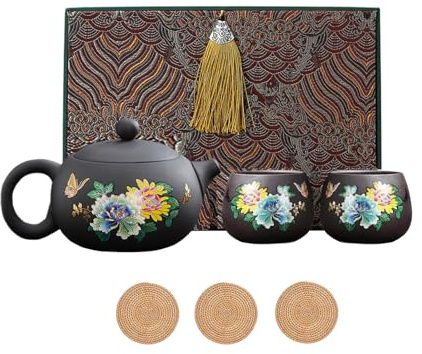 Teekanne Teetassen Set,Farbwechselnde Teekanne aus lila Ton,Kung Fu Teeset, Keramik 1 Topf 2 Tassen,Chinesisches Teeservice,Geschenke Für Teeliebhaber,Mit Untersetzer (B - Blume, Geschenkbox)