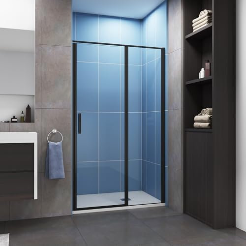 Porte de douche pivotante 120x185cm en niche, porte de douche noire mate en verre 6mm securit anticalcaire