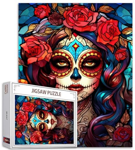Tucocoo 1000 Teile Puzzles für Erwachsene Tag des Todes Frau Malerei Puzzle Zuckerschädel Mädchen 1000 Teile Puzzles für herausfordernde Familienaktivitätsspiel Rose DIY Puzzle Wanddekoration
