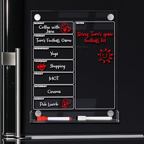 ACRYLIC HUB Magnetic Weekly Planner for Fridge with Built in Pen Holder, Meal Planner Board, 35.2x28x3.8cm Acrylic Fridge Planner, Practical Kitchen Notice Board (Transparent with White Print)