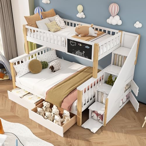 Etagenbett Kinderbett 90x200 & 140x200 für 3 Kinder, Hochbett mit 2 Schubladen und 4 Speicherung Treppe, Funktionsbett mit Rausfallschutz & Lattenrost, Stockbett Jugendbett, Ohne Matratze, Weiß+Eiche