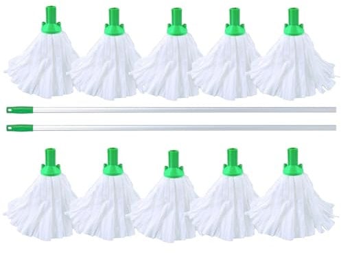 10 Big White Disposable EXEL Mop Heads with 2 Colour Coded Handle (Green)