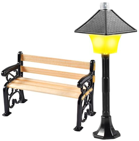 Miniature Lantern Bench, Miniatur Gartenbank Straßenlaterne,Mini Garten Wird es leuchten Lights Model Making Fairy Garten Ornament Puppenhaus Dekoration Spielzeug Bastelbedarf Zubehör,Wichtel Deko