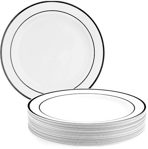 MATANA 25 Platos de Plástico Blanco Premium con Borde Negro, 26cm - Elegantes, Resistentes y Reutilizables - Bodas, Cumpleaños, Bautizos, Navidad, Barbacoas, Fiestas