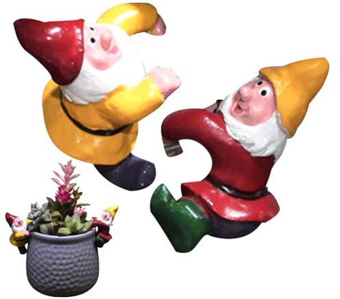 Nuytghr Pendentif nain de dessin animé, petites figurines de nains, 2 nains grimpants pour pots de fleurs, décorations de pots de fleurs, statue en résine, petites figurines de nain de jardin pour la