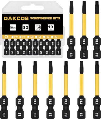 DAKCOS T15 Bit largo, Torx Bit T15, surtido de puntas de S2, punta de atornillado 1/4 vástago hexagonal (longitud 50 mm, 10 piezas)
