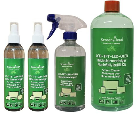 ROGGE ScreenClean -Bildschirm-Reiniger Set, 2x250ml, 1x500ml, 1x1 Liter Nachfüllflasche. Flaschen aus 100% recyceltem Kunststoff, 4Teile