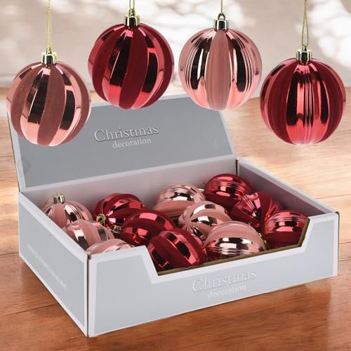 MIJOMA - 12er Set Nostalgische Weihnachtskugeln, Unzerbrechlich, Ø8cm, Christbaumschmuck mit Einzigartigem Design und Vintage-Zauber in metallischem Rosa und Rot (Set 9)