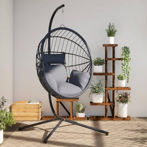 Somanki Hängesessel Ei-Design mit Ständer Grau Rattan und Stahl, Garten Möbel, Hängesessel Outdoor, Jugendzimmer, Hängestuhl, Hanging Chair, Liebesschaukeln, Hängeschaukel Outdoor - 4007407