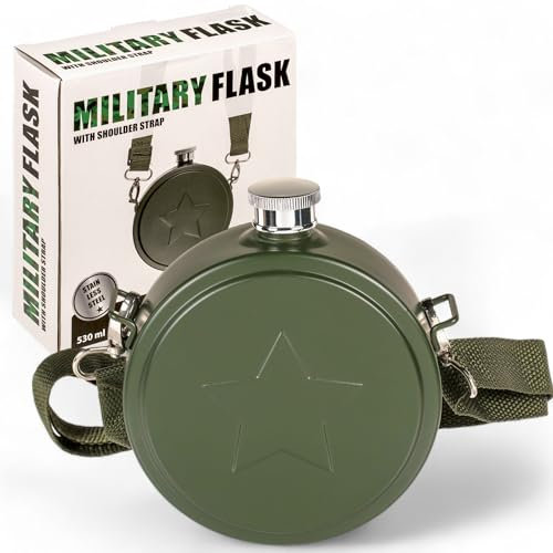 MIJOMA Edelstahl-Flachmann Feldflaschen-Design, 530 ml, Armeegrün, mit Schulterriemen, robust & praktisch für Outdoor-Abenteuer