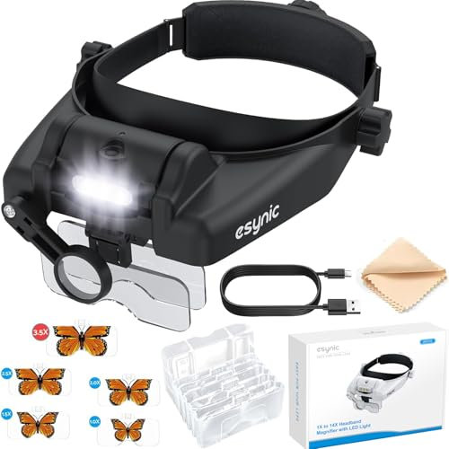 eSynic Headband Magnifier Professional 1X to 14X Head Magnifying Glass With Light Rechargeable Headset Magnifying Glasses With 3 LEDS &5 Detachable Lenses for Reading, Craft Work, Hobbies, etc