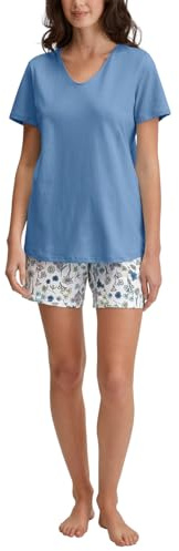 CALIDA Graphic Nights Kurz-Pyjama, Schlafanzug Damen, 100% Baumwolle, hautfreundlich, weich, pflegeleicht, elastischer Bund Riviera Blue 44-46