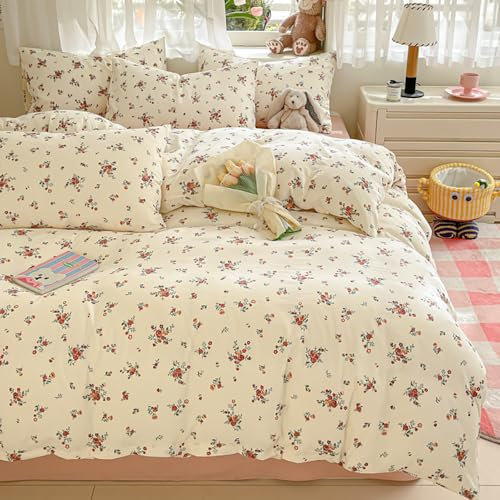 Covebett Bettwäsche 140x200 Beige Blüten Blumen Vintage Blümchen Blumenmuster Bettwäsche Set Bunt Geblümt Landhausstil Gewaschene Microfaser Bettbezug mit Reißverschluss und Kissenbezug 70x90cm