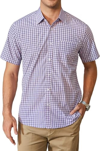 HISDERN Chemise Homme a Carreaux Manches Courte Décontractées Boutonnées été Travail Chemises Hommes avec Poches Coupe Régulière Bleu & Violet XL