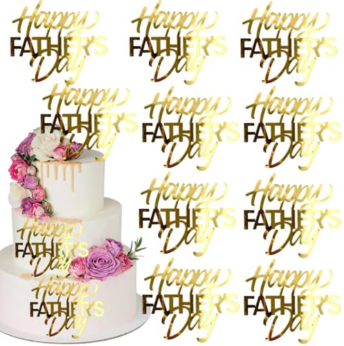 mdgfge 10Pcs Happy Father's Day Cake Toppers Cupcake Toppers Acrylic Gold Mirror Design Cake Cupcake Decor for Father's Day Dad Birthday Party Dessert Decorating Kit Supplies