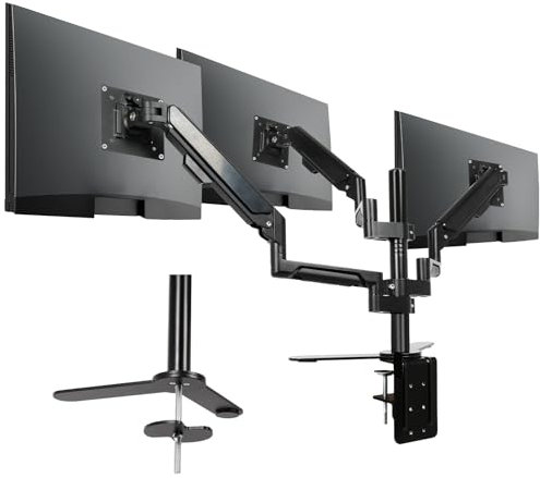 Triple Monitor Mount - Vesa Mount,Gas Spring Adjustable 3 Monitor Desk Stand with Swivel,Tilt,and Clamp Functions for Computer Screens from 17-32 Inches,Each Stand Holds 19.8 LBS