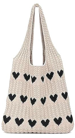 Must Haves Gestrickte Umhängetasche the Tote Bag 36x30cm Gestrickte Tasche Gehäkelte Tragetasche Mit Süßem Herzmuster Häkeltasche Tote Bag Hobo-Tasche Gestrickt für Teenager Und Mädchen (Khaki)