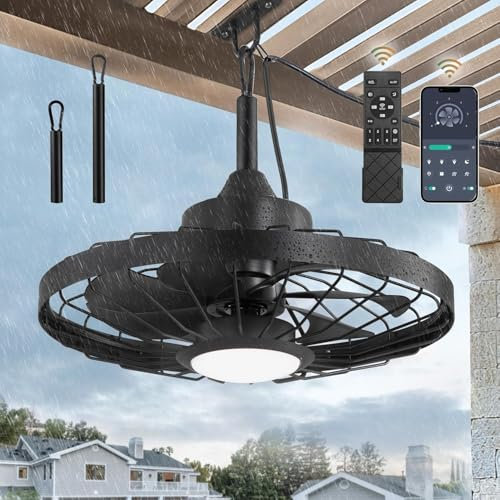 Ventilador de techo para exterior con luz y mando a distancia, IP65, resistente al agua, lámpara LED con ventilador para jardín, terraza, regulable, silenciosa, lámpara de techo retro, ventilador de
