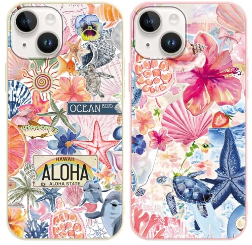 Vxinvnoi 2 Stück Handyhülle für iPhone 14/iPhone 13 Hülle, Collage Motiv Aesthetic Blumen Meer Bunt Sommer Muster Mädchen Case, Weich Silikon Dünn TPU Stoßfeste Cover für iPhone 14 6,1, Beige + Rosa
