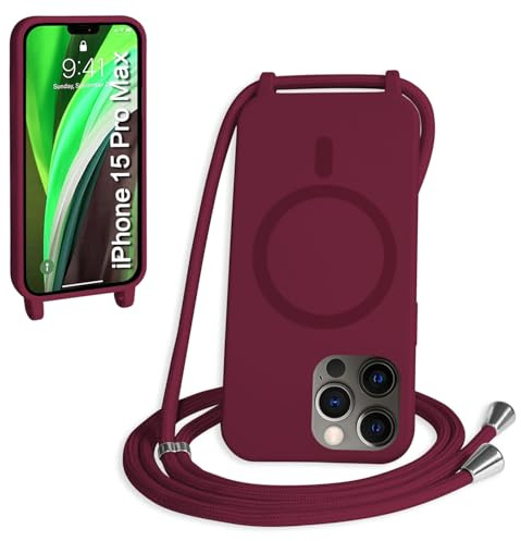 FMPCUON Magnétique Coque avec Cordon pour iPhone 15 Pro Max, [Compatible avec MagSafe] Etui Collier Réglable Téléphone Étui Portable Lanyard Case Protection Complète Cover,Rouge
