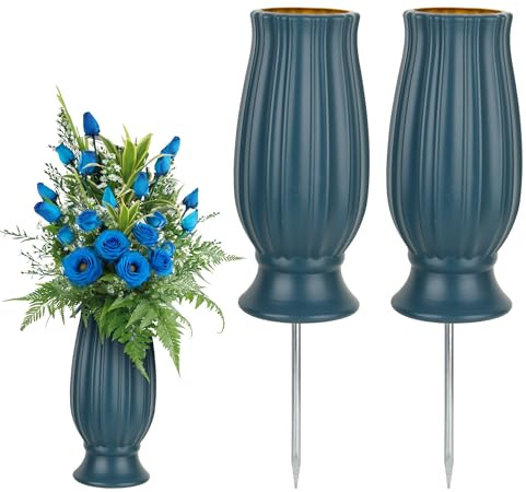 Axincardarm Cemetery Vases with Spikes Grave Flower Vases Blue 2 Pack | 20 x 10cm, for Headstone Garden Yard, Memorial Flower Holders, with Metal Spikes