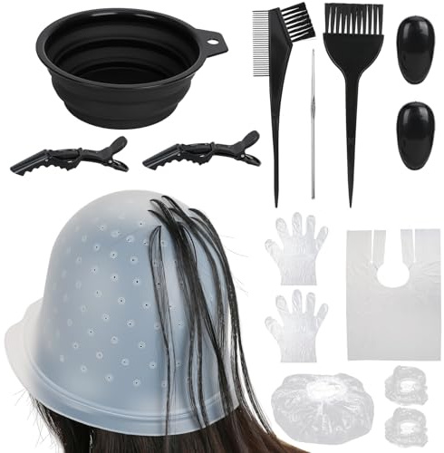 Strähnchenhaube Haarfärbeset Silikon mit Löchern 12 Stück für Friseur Salon | Haare Färben Zubehör mit Pinseln, Faltbarem Färbeschale & Nadel，Persönliche Hervorhebung für Frauen und Mädchen Bläst (Weiß)