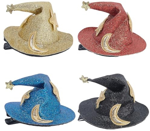 CALFOVERA Pinza para el Pelo de Sombrero de Mago de Cuero Sintético de 4 Color, para Halloween, con Forma de Bruja, con Purpurina de Cocodrilo de Hierro, Estrellas Y Lunas, para Disfraz, Cosplay