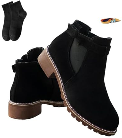 Botines retro con hebilla plana para mujer, de ante para otoño e invierno, tacón bajo, punta puntiaguda, botines cortos gruesos, informales, cómodos, zapatos de oficina para caminar, Black, 38 EU