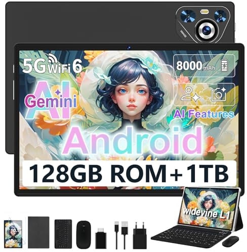 Dghrti Tablet 10 Zoll Android, 128GB ROM/TF 1TB, Octa-Core Prozessor, 8000mAh, BT5.0, 8MP+5MP, WiFi 5G+2.4G, Face ID, Widevine L1, Augenschutz, Tablet mit Tastatur & Maus Metallkörper-Schwarz