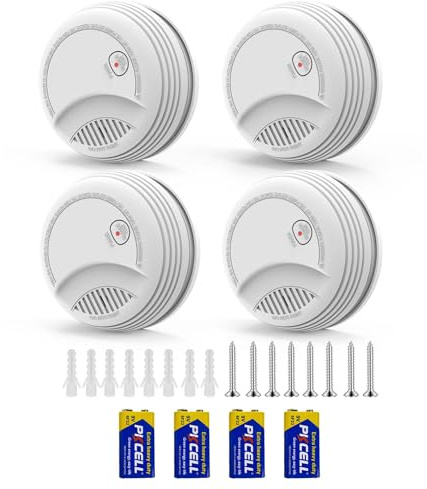RenseCum Set aus 4 Rauchmeldern – 85 dB Feuermelder-Alarm, einsetzbare 9V-Batterie im Lieferumfang enthalten, Norm EN14604 Zertifiziert – Niedrigbatterie-Warnung, Keine Fehlalarme (4 Stück)