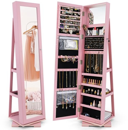 COSTWAY Specchio Portagioie Girevole 360°, Armadietto Portagioie (Rosa) | Specchio a Figura Intera, 3 Ripiani, Organizzatore per Gioielli Soggiorno, 39 x 39 x 161 cm