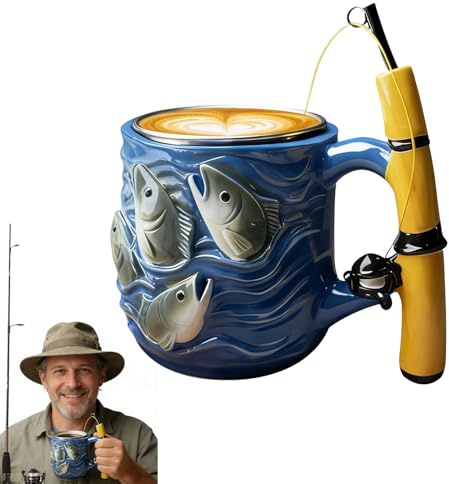 AUOQZ Fishing Theme Coffee Mug Gifts for Men Funny 12 Oz Fishing Rod and Reel Design Theme Water Cup Set Stainless Steel Resin Fish Travel Drinks Mugs Gifts for Dad Fisherman Fishings Lover