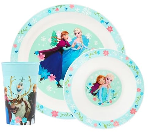 Disney Frozen - Set da tavola per bambini, 3 pezzi, in polipropilene, piatto, ciotola e bicchiere con Anna, Elsa, Olaf, Kristoff e Sven, adatto al microonde e alla lavastoviglie, adatto per bambini