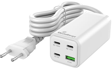 MediaRange GaN Ladegerät 100W, 1,5m Kabel, Weiß | GaN-Technologie | Schnellladen | für Smartphones und Tablets