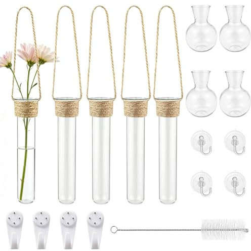 GZLCEU 4 STK Reagenzgläser für Blume und 4 STK Wandvasen Saugnapf | 2 Spezifikationen Hängevasen Glas,Wandvasen Glas für Hydrokulturpflanzen mit Haken und Reinigungsbürste