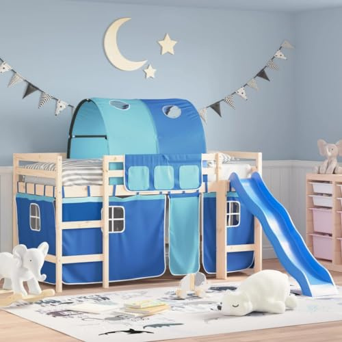 Ziaphsol Vorhang-Set für Hochbett mit Tunnel Blau Polyester, 6-teilig mit Taschen, 100 x 75 cm bis 211 x 94 cm, für Kinderzimmer Spielbereich und Montage am Rausfallschutz