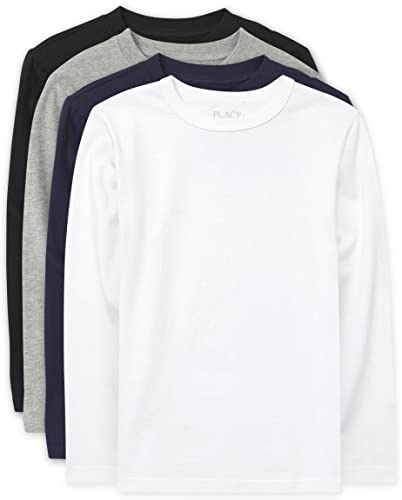 The Children's Place boys Long Sleeve Basic Layering T-shirt T Shirt, Black/New Navy/Smoke/White 4 Pack, Medium US
