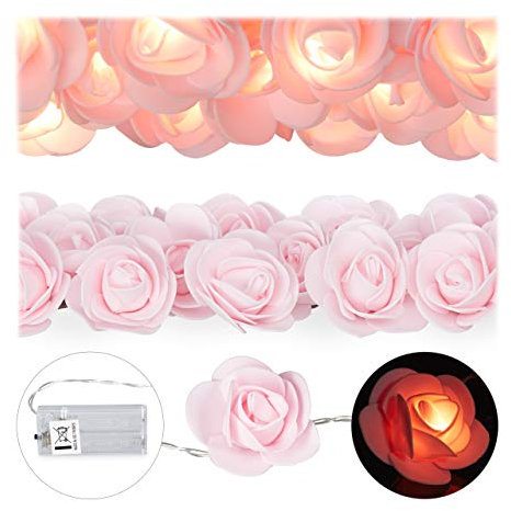 Relaxdays Set of 1 Rose String Lights, 20 LED Fairy Lights, Batteries, Weddings & Valentine’s Day, Warm White, Pink