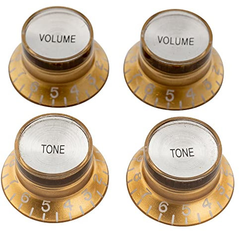 Musiclily Pro Linkshänder Metrische Größe 18 Splines 2 Volume 2 Tone Potiknopfe Top Hat Reflector Knobs Set für Epiphone Les Paul SG Style E-Gitarre, Gold mit Silber Top